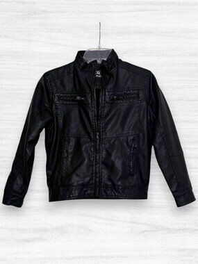 XRAY Jeans Boys Size 8 Black Faux Leather Moto Biker Jacket Sherpa Fleece Lined